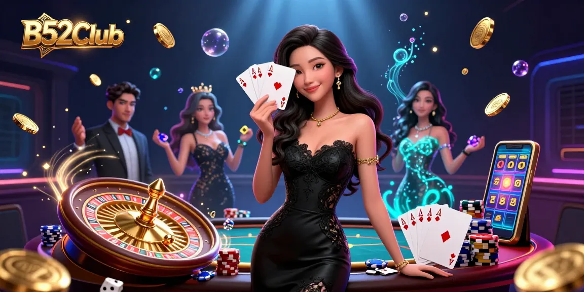 B52Club showcases a glamorous casino scene with an elegant woman holding playing cards, surrounded by vibrant game elements.