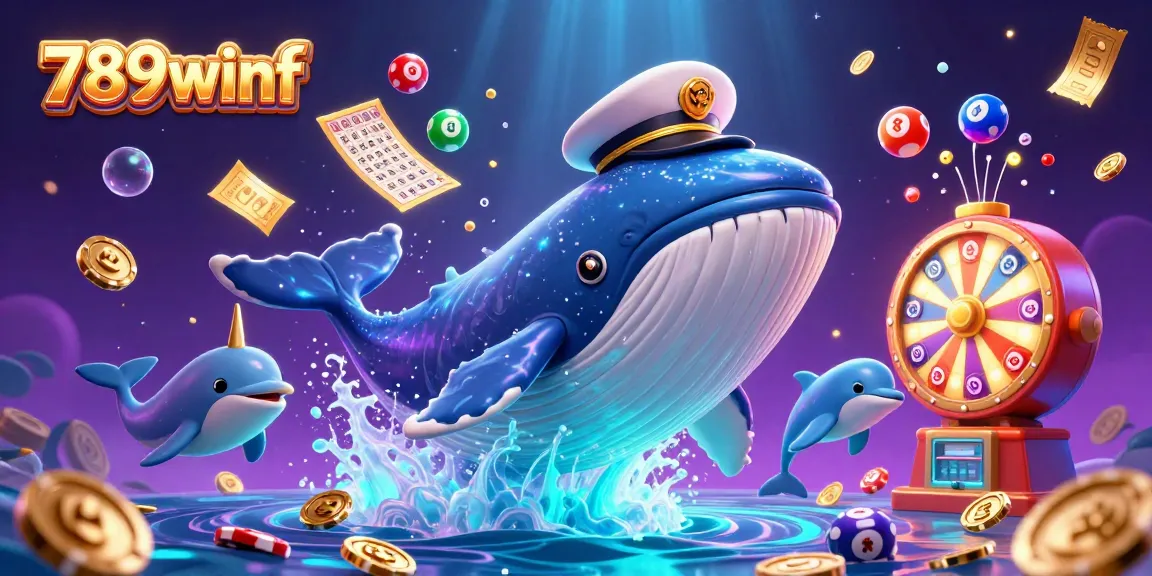 Participate in thrilling games at 789winf with an enchanting 3D scene featuring a cartoon whale, lottery elements, and vibrant colors.