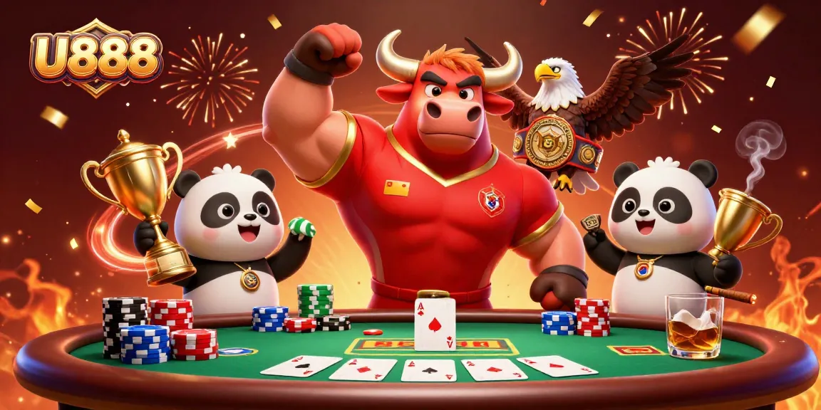 Engage with U888's exciting gaming atmosphere featuring vibrant casino elements and characters.