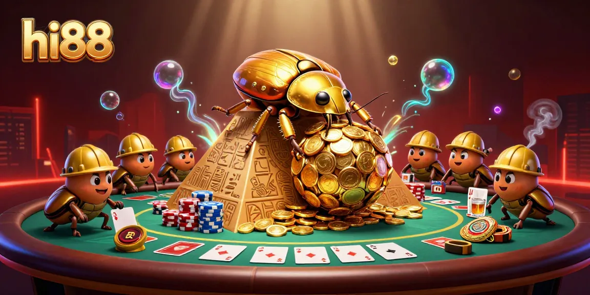 Experience the excitement at hi88 with a golden beetle rolling in coins and poker elements.