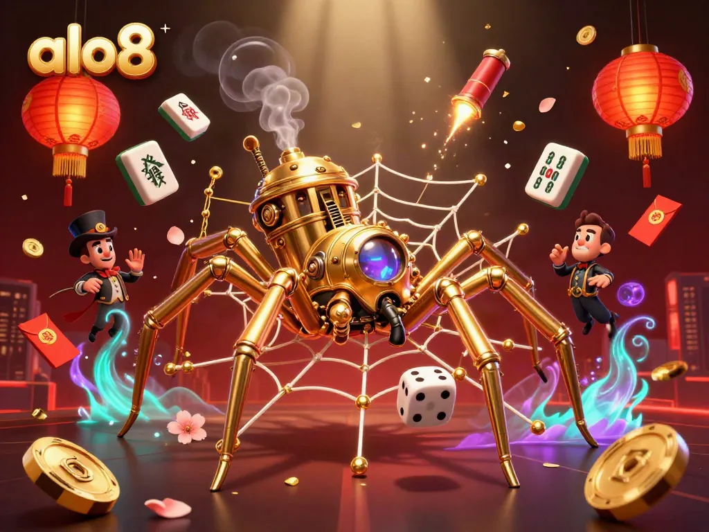 Engage in thrilling adventures with alo8 featuring a steampunk spider entwining dice in its golden web.