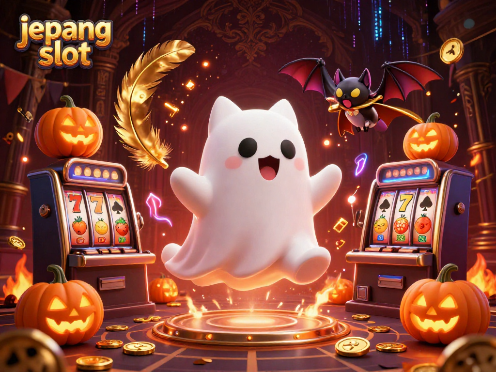 Experience jepang slot with a friendly ghost cat and vampire bat in a haunted casino setting.