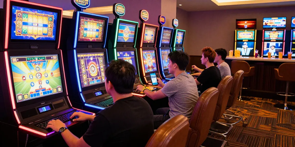 MPO777 daftar registration process at a lively online casino with vibrant slot machines and excited players.