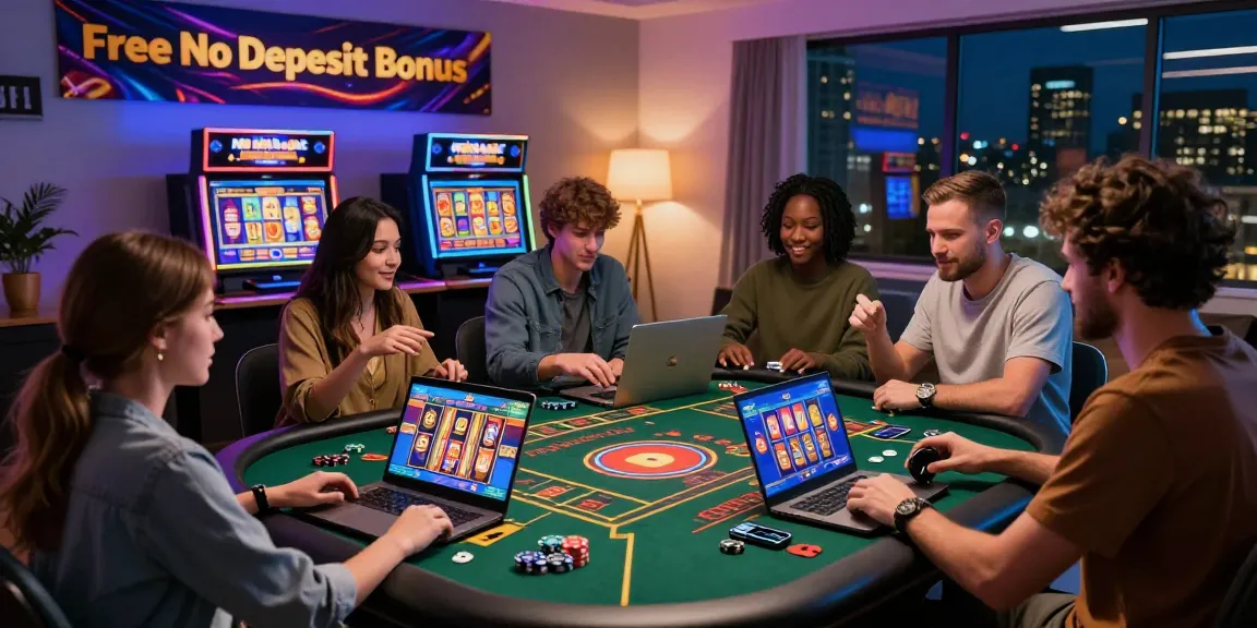Exciting online gaming scene featuring diverse players engaging with Free No Deposit Bonus offers, showcasing vibrant slots and interactive gameplay.