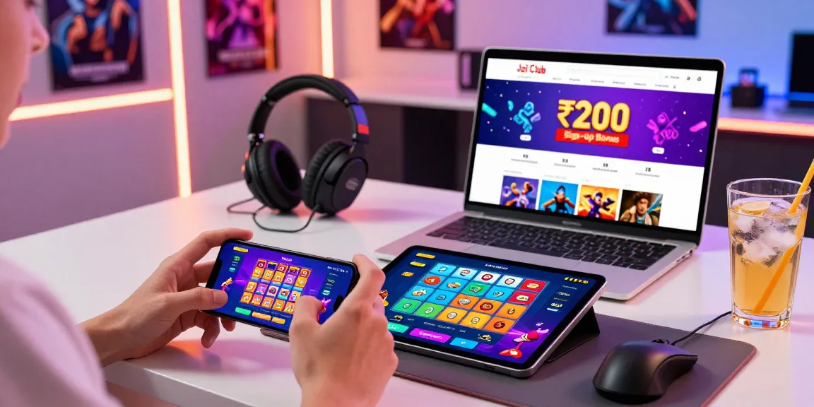 Engaged player enjoying jaiclub games on smartphone and tablet amidst a vibrant gaming setup.