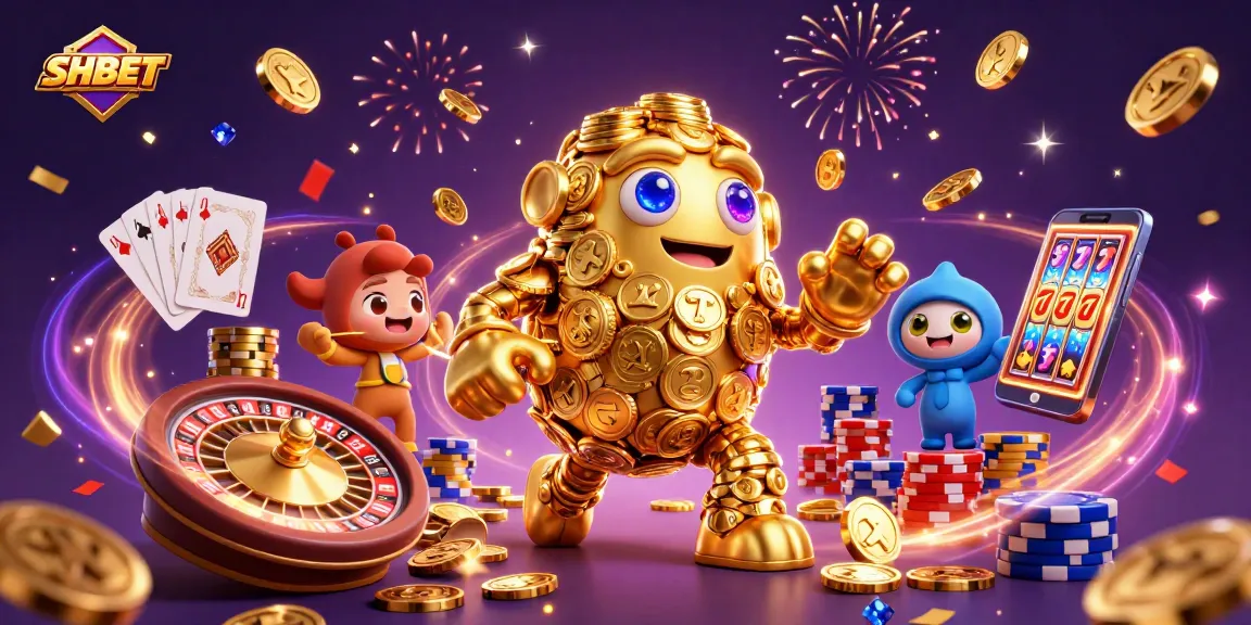 Experience thrilling wins at SHBET with dynamic visuals of a golden golem surrounded by rich casino elements.