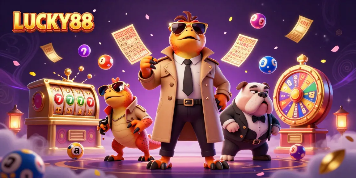 LUCKY88 portrays raptors in disguise at a casino lounge with vibrant lottery balls and slot elements.