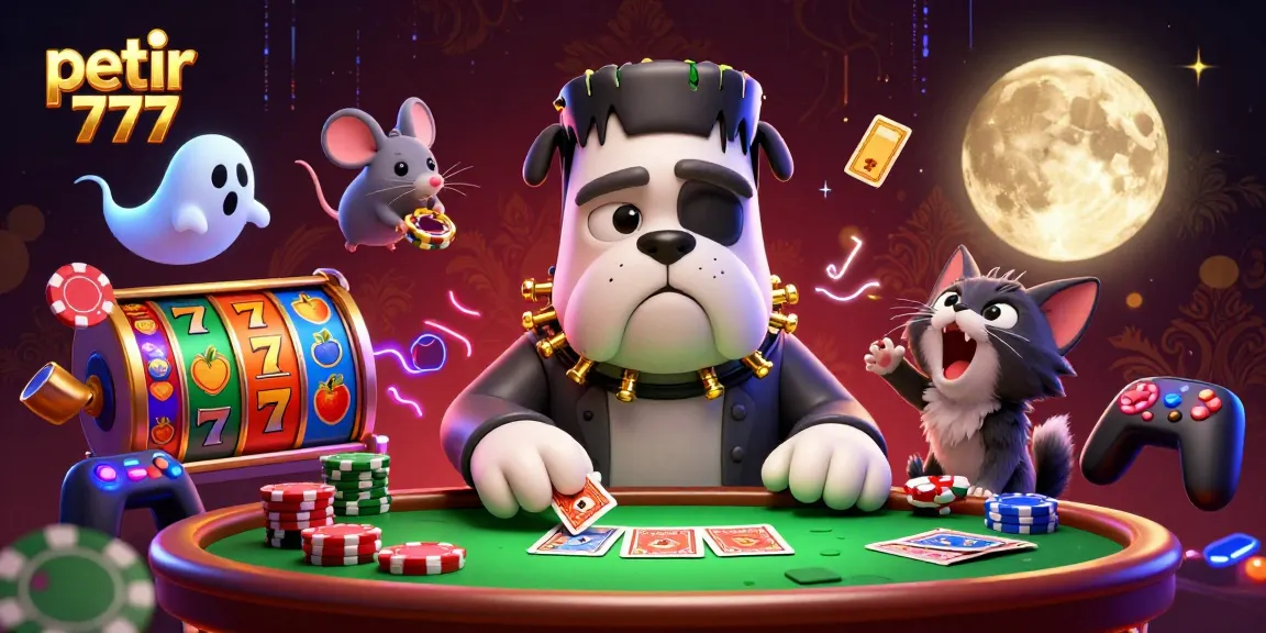 Experience the excitement with petir 777, featuring lively characters and casino games in a vibrant 3D illustration.