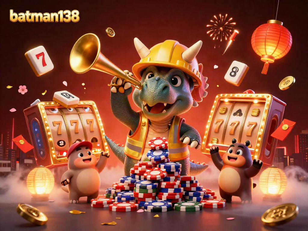 Gamer batman138 merayakan kemenangan di kasino dengan slot, chip poker, dan koin berkilau.