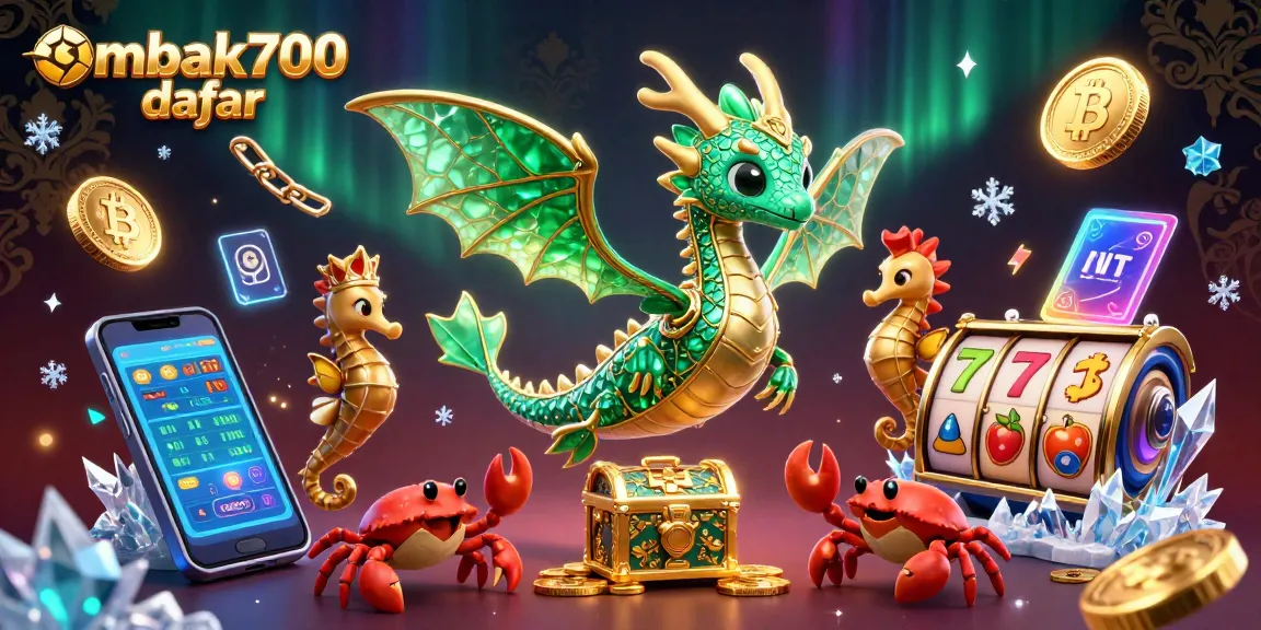 Ombak700 daftar dengan naga laut 3D, koin Bitcoin, dan elemen permainan slot yang menarik.