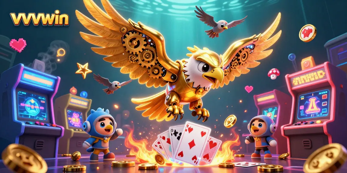 Engage with exciting bets at vvvwin, featuring a cybernetic eagle amidst interactive casino elements.