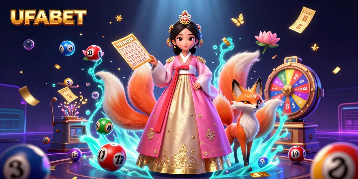 Experience the thrill of gambling with UFABET, featuring an elegant woman in traditional attire and playful lucky fox.