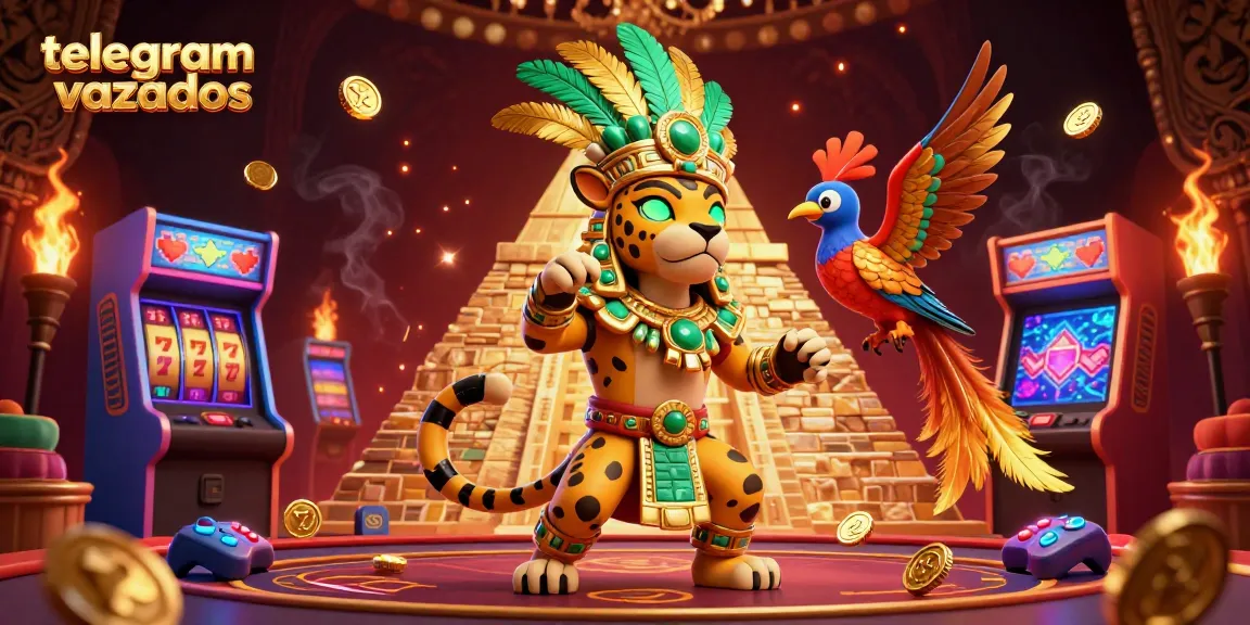 Engage with telegram vazados through a vibrant 3D casino scene featuring a Mayan jaguar priest and arcade elements.