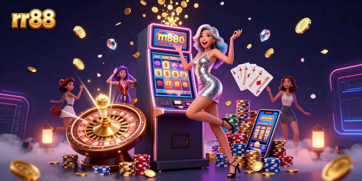Spin the reels at rr88 and unveil jackpots while celebrating with golden coins and vibrant casino lights.