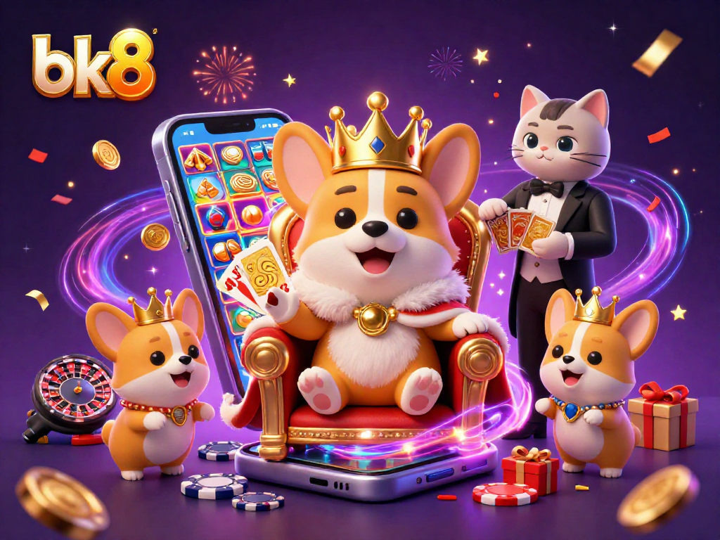 Win big at bk8 with the royal corgi and cat butler in a lively casino scene.