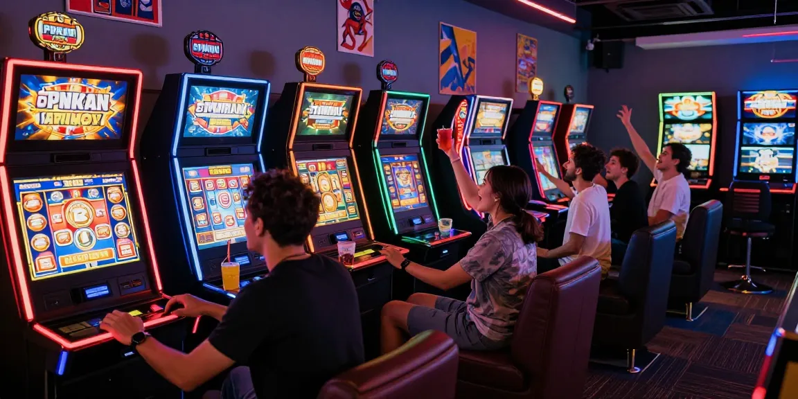 Slot mesin yang menghibur di lounge permainan dengan teman-teman bersenang-senang.