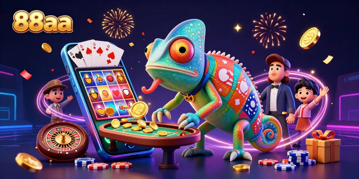 Experience thrilling gaming at 88aa with the chameleon casino owner amid vibrant slot games and golden coins.