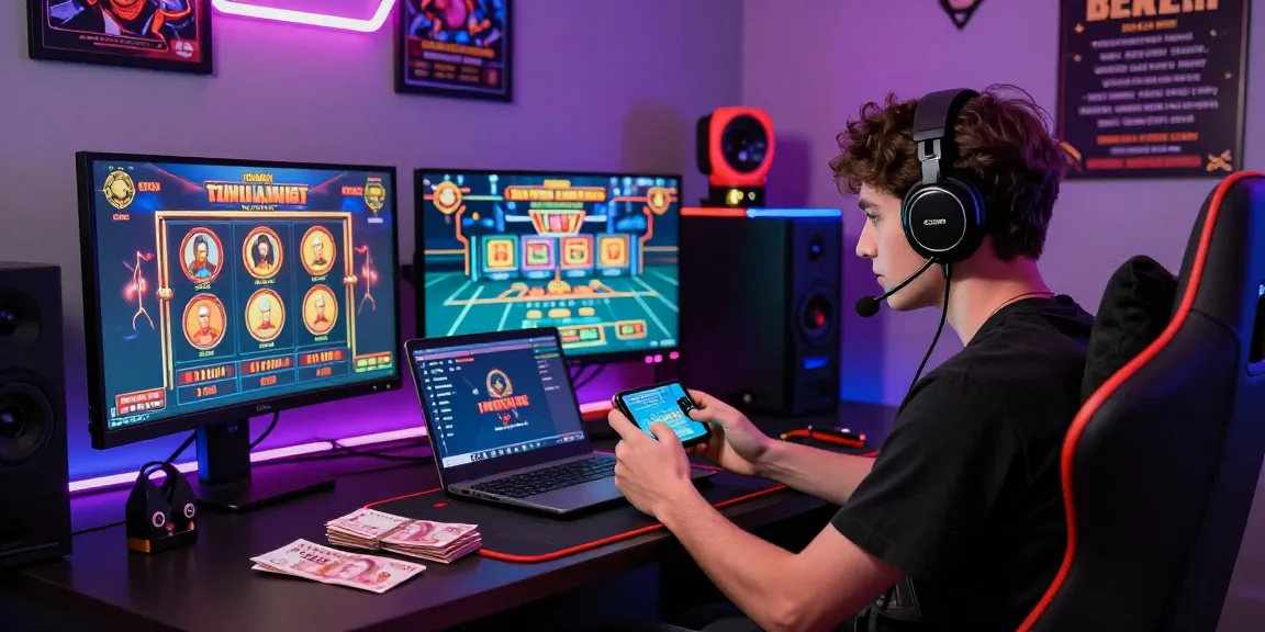 Engaged player experiencing fun88thaimeth online gaming with vibrant atmosphere, multiple screens, and Thai baht notes.