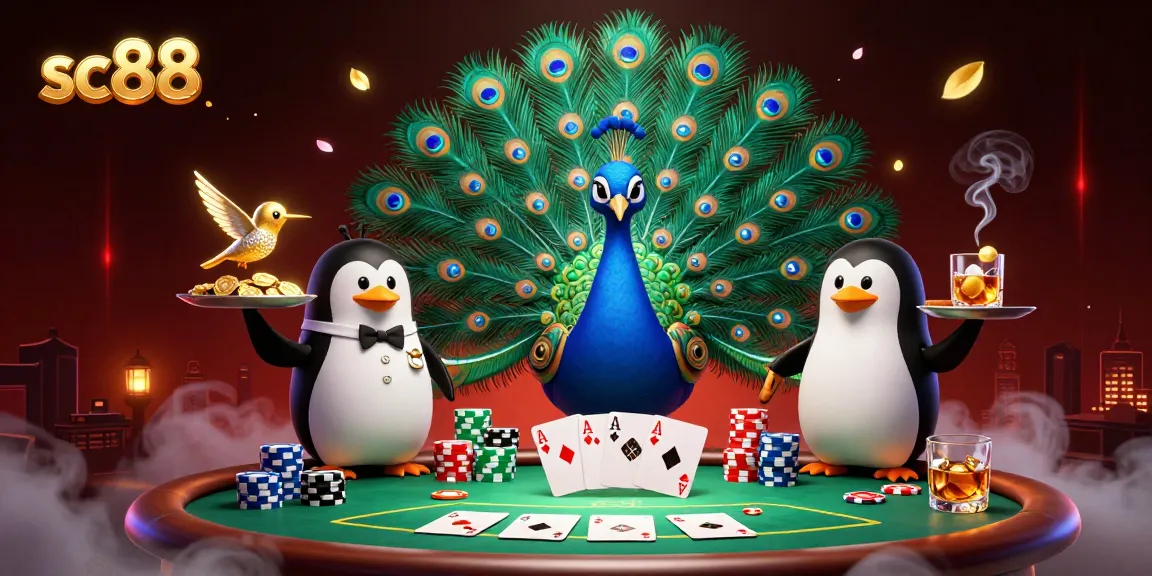 Win big at sc88 with vibrant casino visuals, featuring a peacock, penguin, and hummingbird in action.
