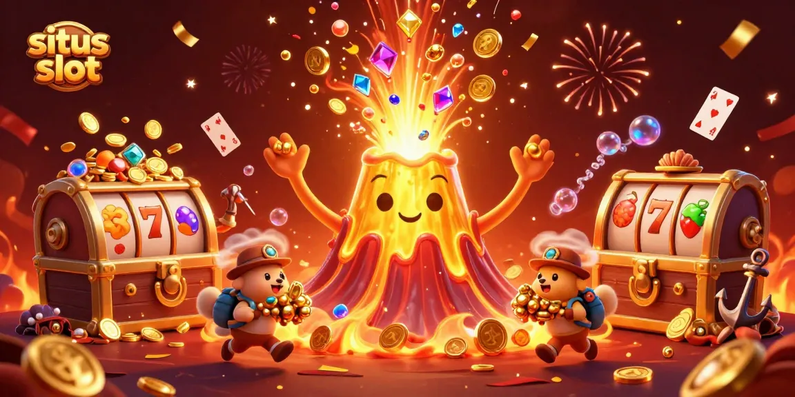 Win big at situs slot with a vibrant scene of treasure and slots erupting with exciting energy.