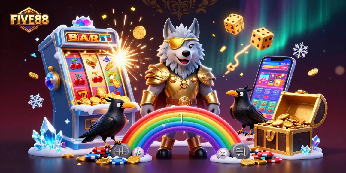 Engage with FIVE88's epic jackpot realm featuring mythical Norse characters on a vibrant casino bridge.