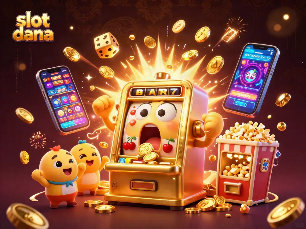 Slot dana menampilkan mesin slot emas hidup yang terkejut dengan koin berjatuhan sebagai latar kasino.