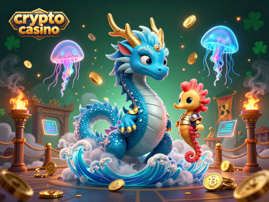 Experience the excitement of a crypto casino with a 3D scene featuring a water dragon, seahorse knight, and glowing jellyfish.
