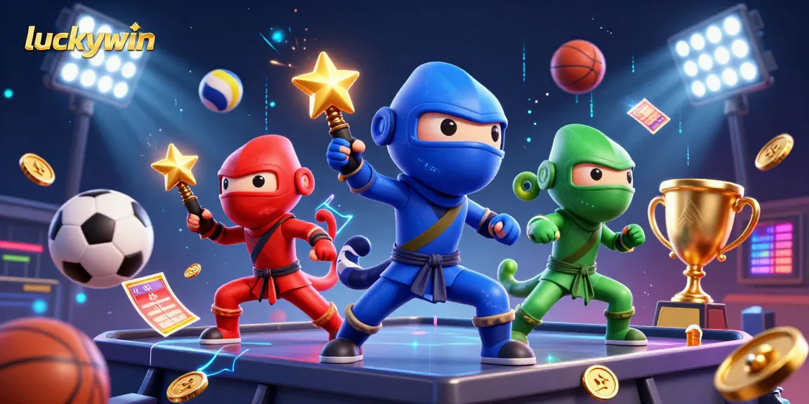 Experience the excitement of luckywin as colorful ninja chameleons throw stars amidst vibrant sports symbols and action-packed gaming elements.