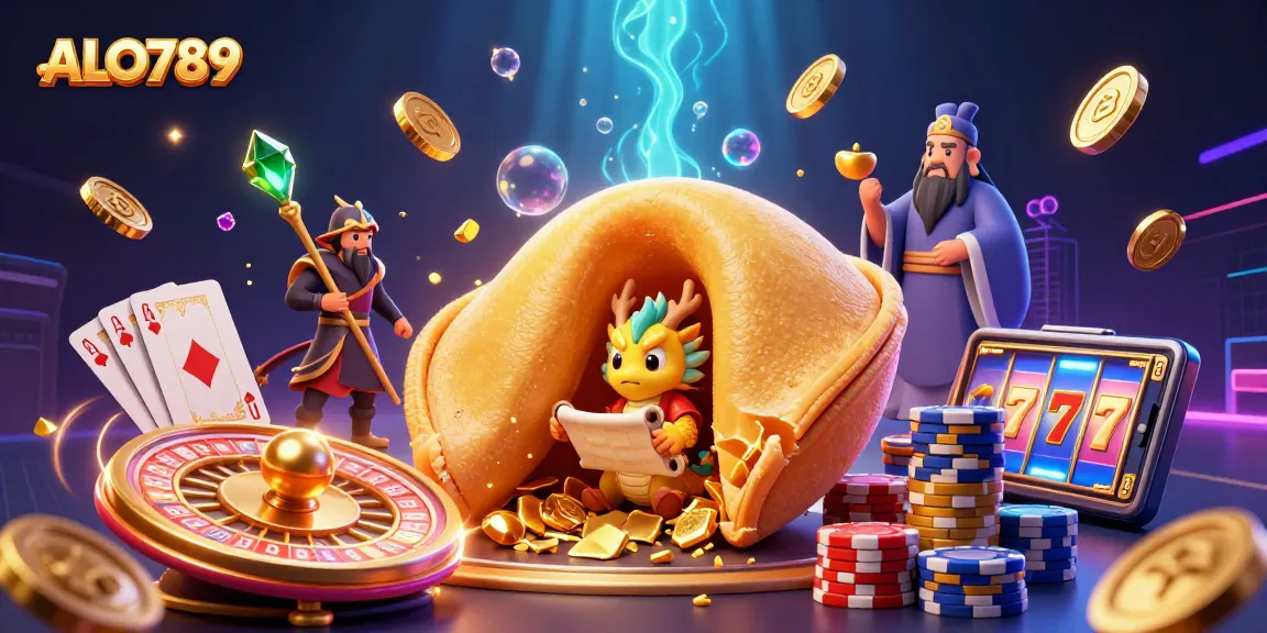 Engage with ALO789's thrilling casino action featuring a vibrant 3D scene of a golden fortune cookie with dragons and gaming elements.
