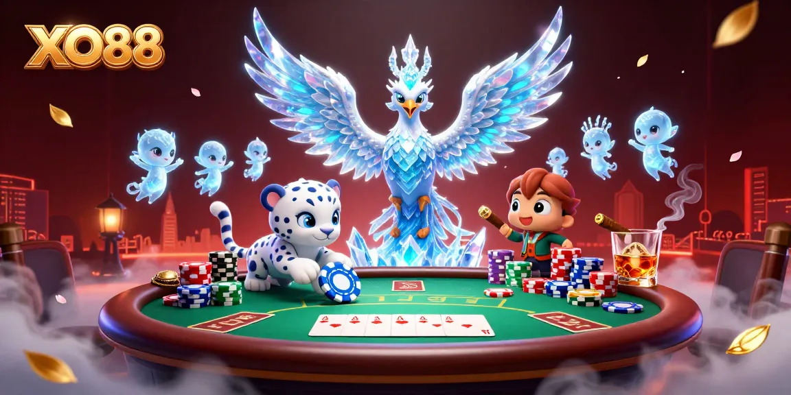 Experience the vibrant world of XO88 as a snow leopard and phoenix liven up a poker scene.