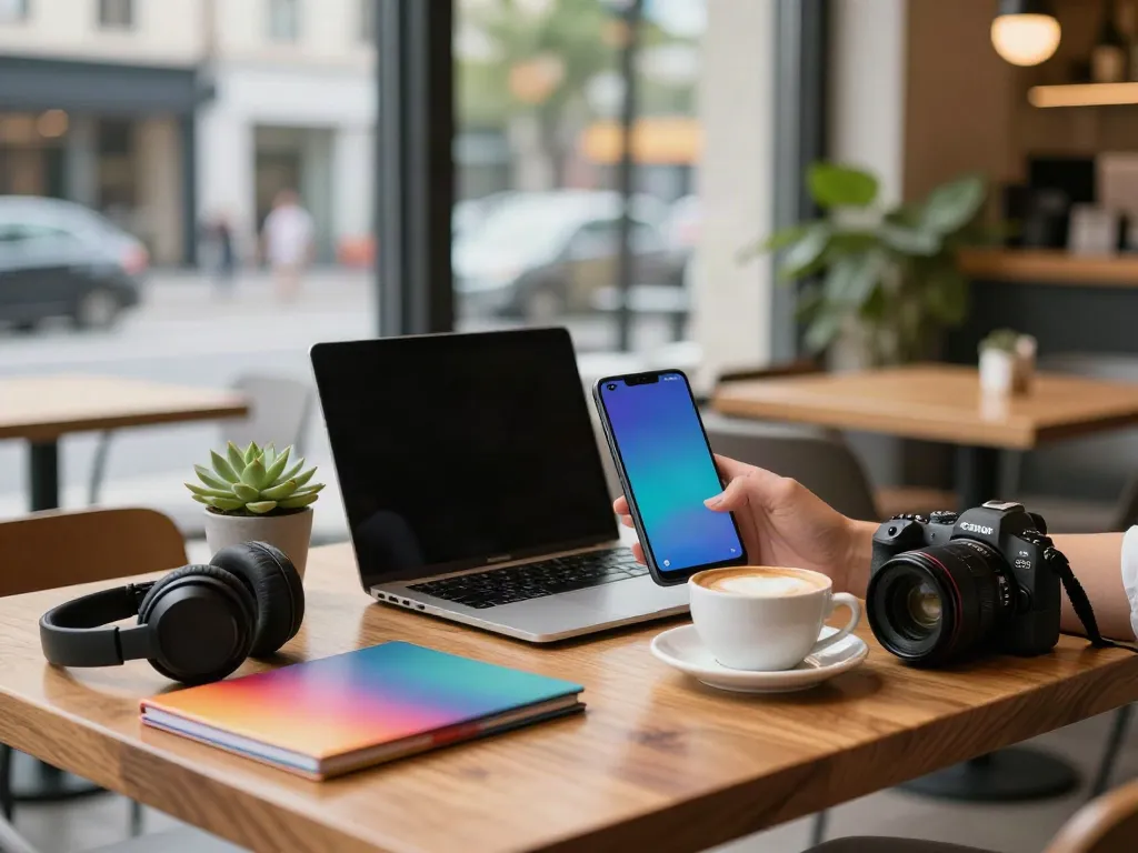 User exploring apps on a Samsung Galaxy A80 at a trendy café, showcasing modern lifestyle.
