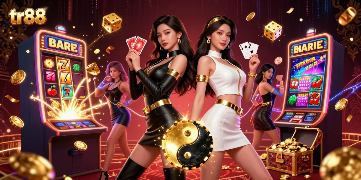 tr88 features twin Asian women in vibrant outfits playing cards amidst a jackpot scene.