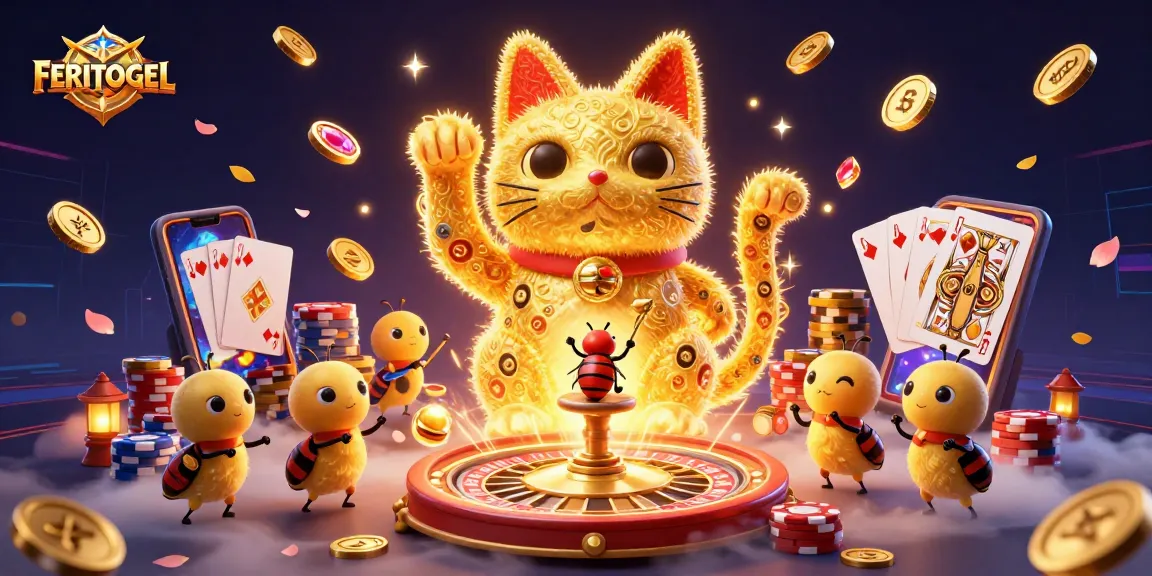 Experience the thrill of winning with FERITOGEL's giant lucky cat in a dazzling 3D casino illustration.
