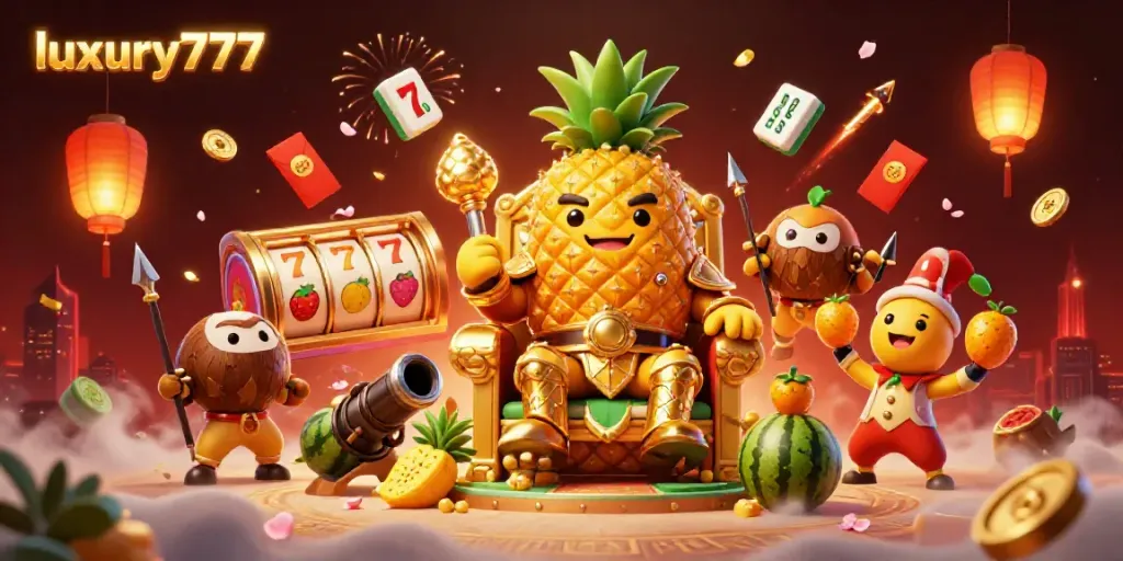 Engage with luxury777's vibrant online casino atmosphere featuring a golden pineapple king and slot reels.