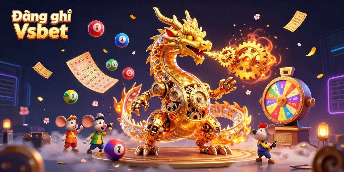 Experience the excitement of Đăng ký Vsbet with a vibrant 3D illustration of a golden dragon amidst dynamic lottery elements.