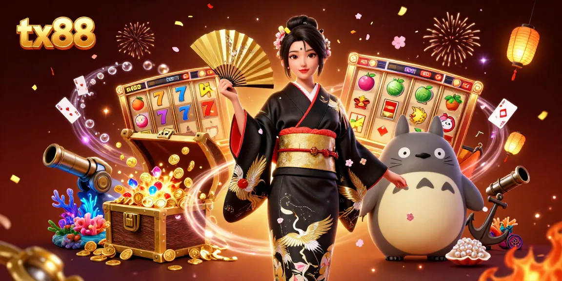 Engage with tx88's vibrant slots and casino atmosphere featuring an elegant woman and charming tanuki.
