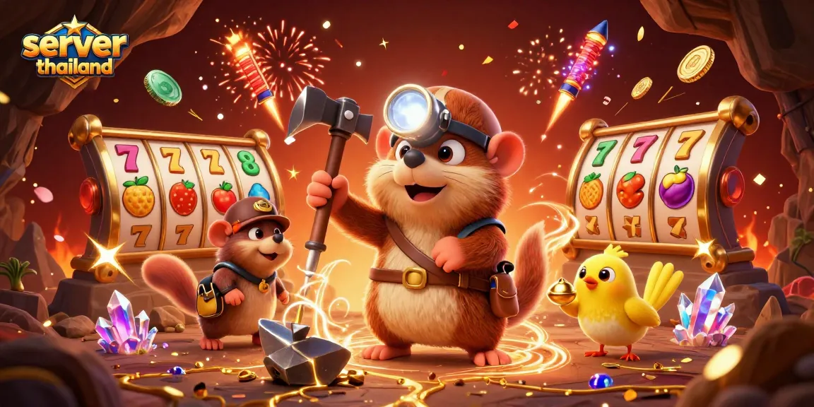 Spin and win at server thailand with a treasure hunter and lucky symbols glowing.
