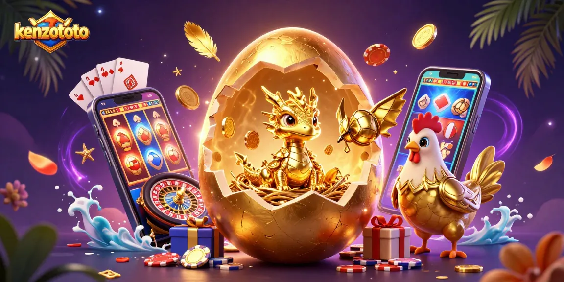 Play kenzototo and witness a golden baby dragon emerging from a cracking egg surrounded by casino elements.