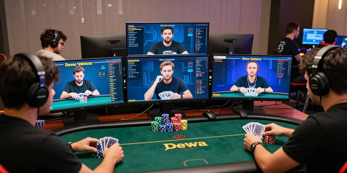 A lively online poker gaming scene featuring diverse players enjoying Dewa Poker with chips, cards, and vibrant digital graphics showcasing the Agen Poker Online experience.