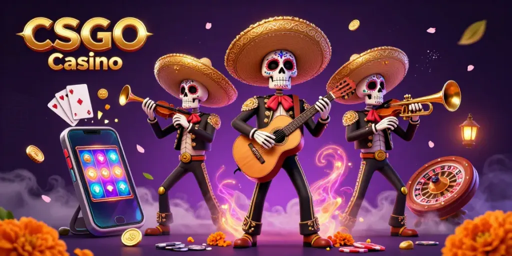 Experience the excitement of CSGO Casino with a colorful Day of the Dead mariachi band amid gaming elements.