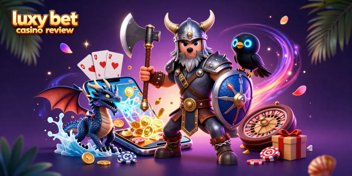 luxy bet casino review: engaging 3D scene with Viking wolf warrior, fierce dragon, and vibrant gaming elements
