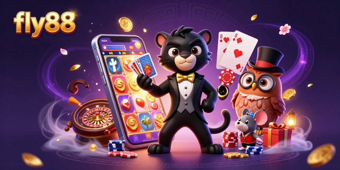 Experience gaming excitement with fly88 featuring a stylish panther, owl, and lucky mouse in a vibrant casino setting.