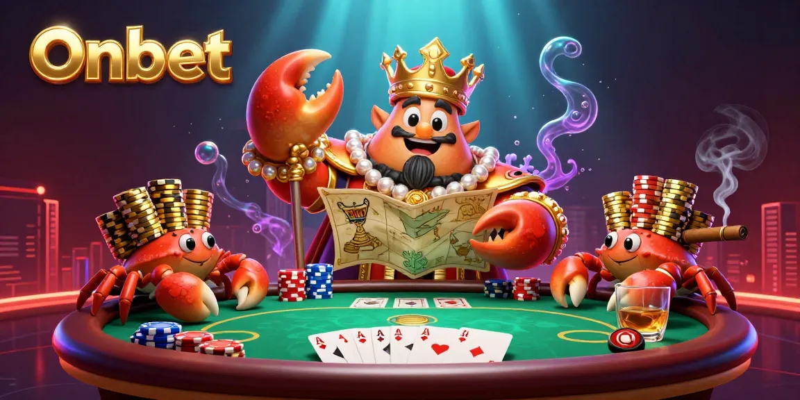 Experience the excitement of Onbet with a dynamic casino scene featuring the golden crab emperor, poker elements, and vibrant visuals.