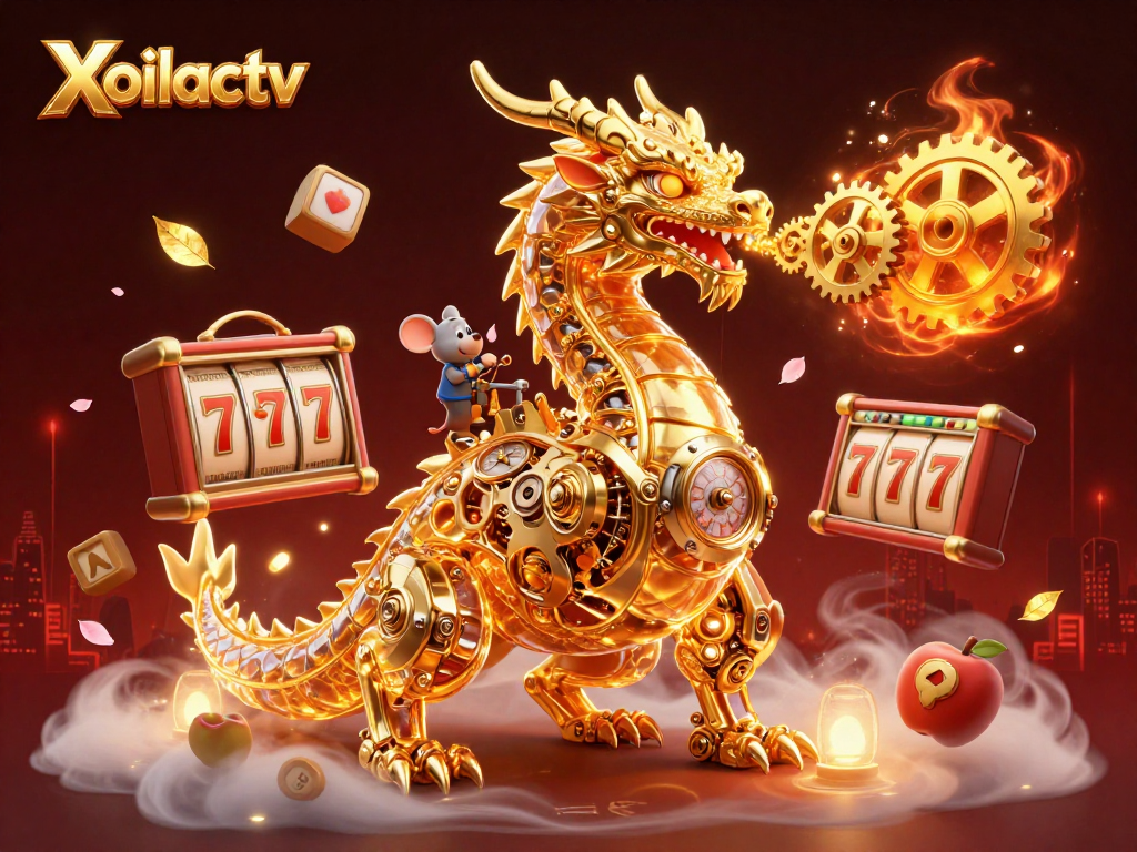 Xoilactv showcases a golden dragon and mouse engineer amidst lively slot game symbols and festive decorations.