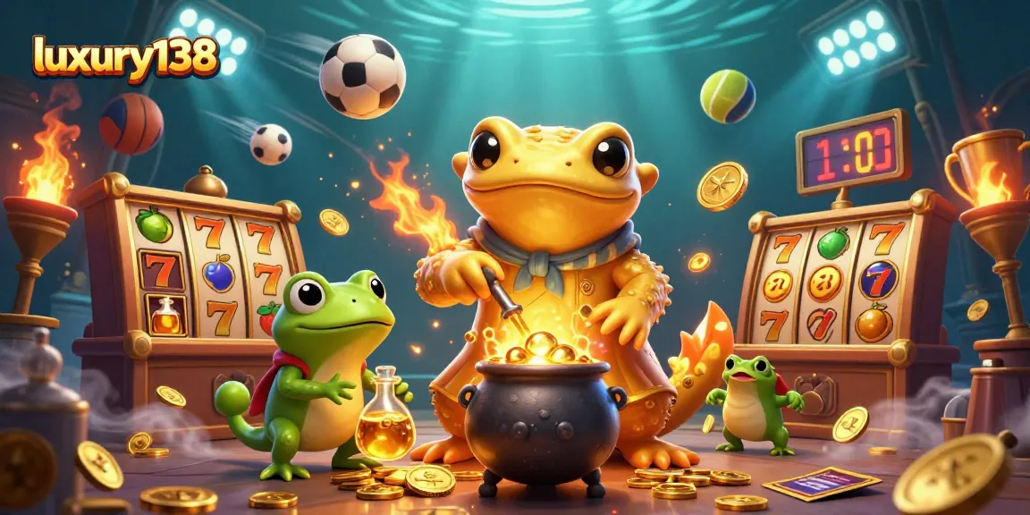 luxury138 offers players engaging slot games, featuring a golden alchemist and lively symbols.