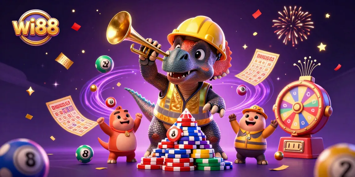 Engage with the excitement of wi88 as cartoon characters build a poker chip pyramid amidst a lottery celebration.