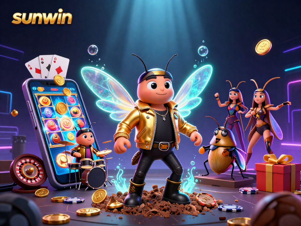 Experience thrilling gaming at Sunwin with a bustling 3D casino scene featuring vibrant slot machines and dynamic characters.