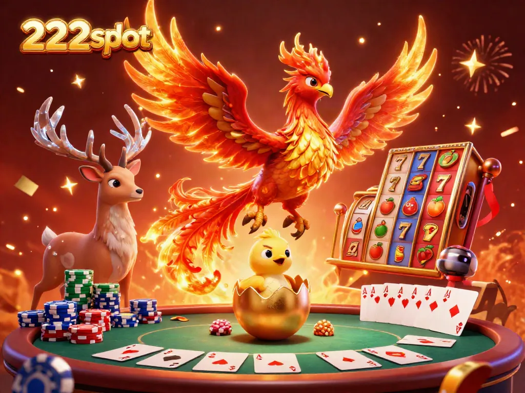 Mendapatkan jackpot dengan permainan 222slot: ilustrasi 3D menakjubkan yang menampilkan phoenix dan elemen kasino.
