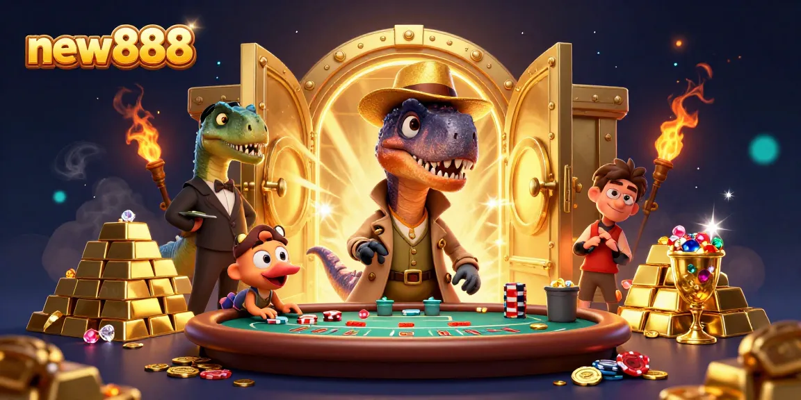 Experience thrilling action at new888, with a sneaky velociraptor at a blackjack table amidst treasures.