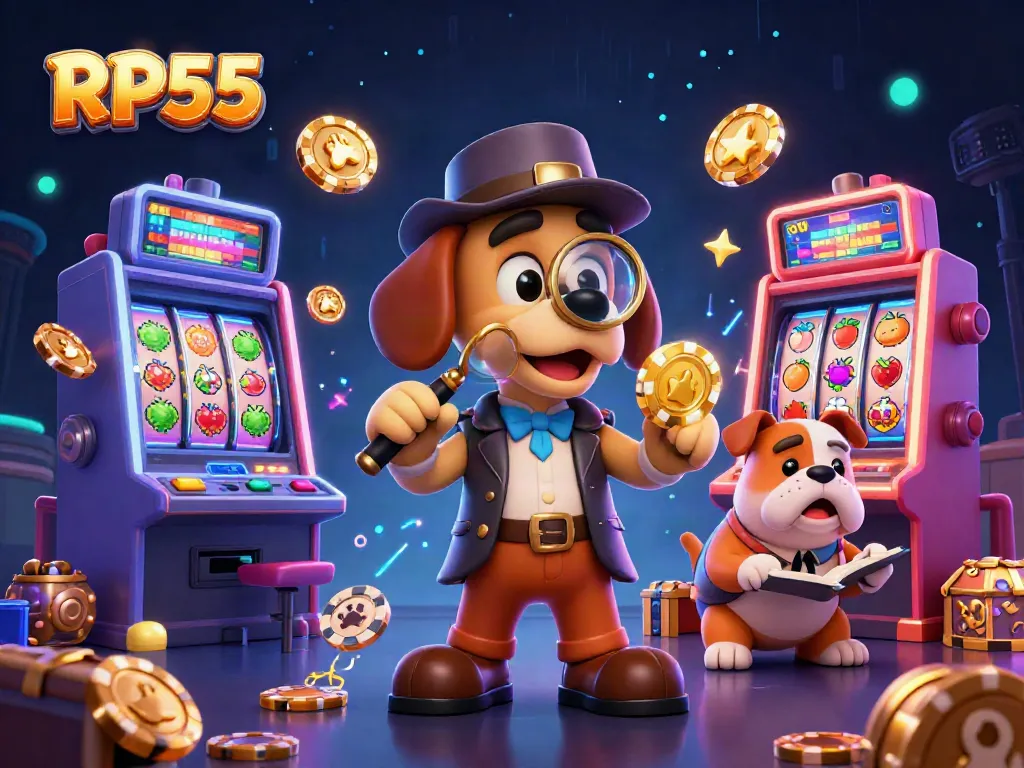 Permainan slot RP55 membawa kesenangan dengan detektif dan anjing bulldog yang mencari chip poker berharga.